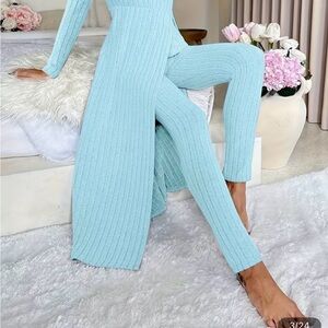 Elegant Light Blue Ribbed Jumpsuit